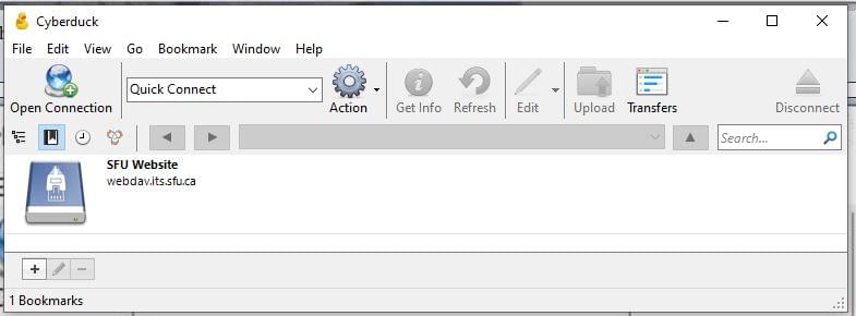 The main Cyberduck UI with the Bookmark listing open